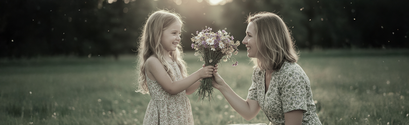 母に花束を渡している少女の写真