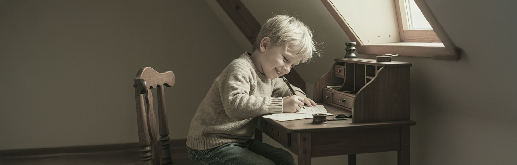 机の上で手紙を書いている少年の写真